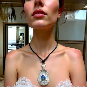 Daisy 1910 Silver Plated Spoon Pendant Necklace W/ Blue Crystal & Suede Artisan